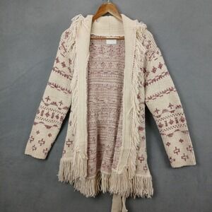 Lush Cardigan Sweaters Women Medium Beige Magenta Aztec Shawl Collar Fringe Trim